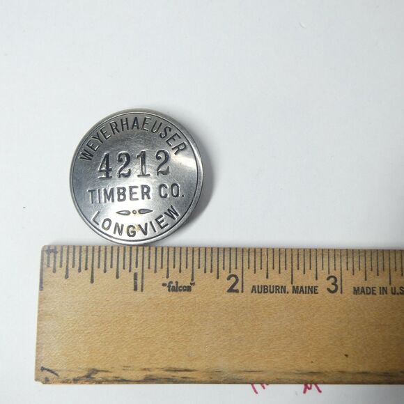 Weyerhauser Timber Co. Longview WA Employee Badge 4212 Vtg Silvertone Metal Pin